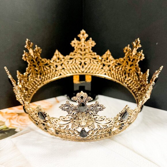 Vintage Lion King Crown, Black Crystal Crown for Groom, Prom Crown, Gold Crown - Picture 7 of 9